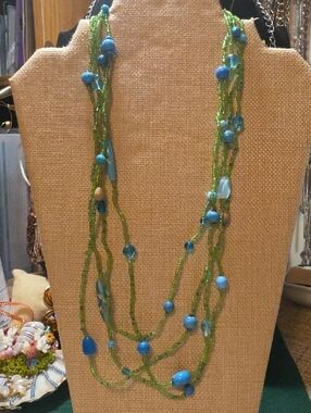 Handcrafted Blue & Green Multi-Strand Beaded Necklace
